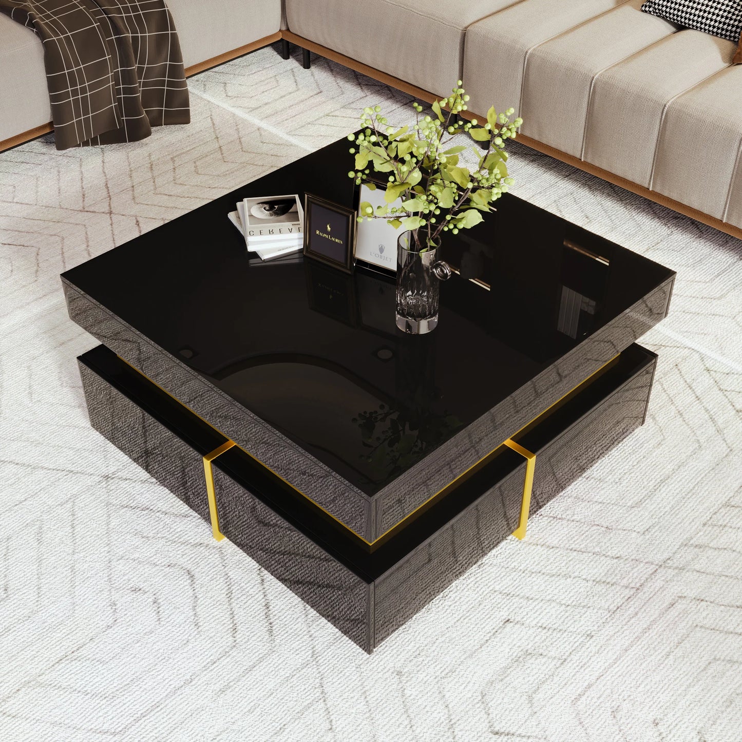 Coffee table, square, high-gloss side table for the bedroom, living room tables with storage for the living room, side table