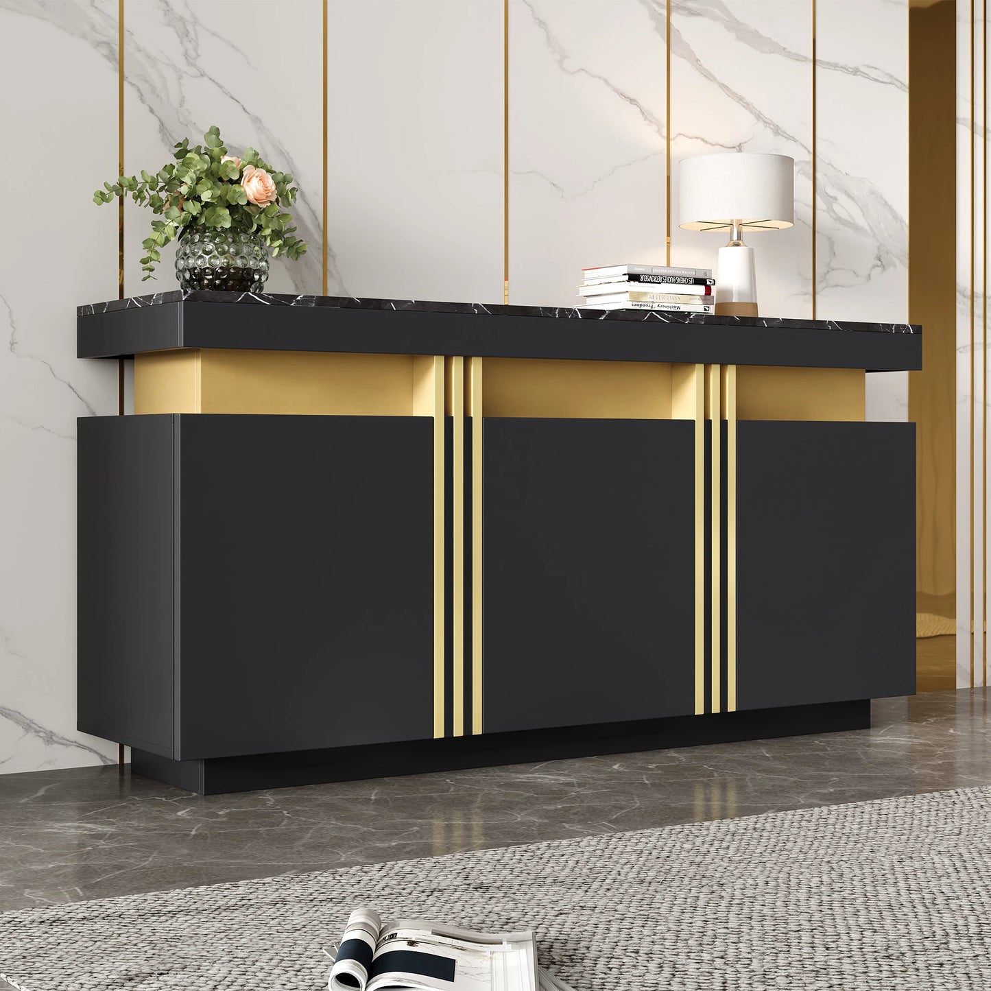 Handleless sideboard with 3 doors,dining room wardrobe with adjustable dividers,side wardrobe with platinum seams,for kitchen, living room,dining room,