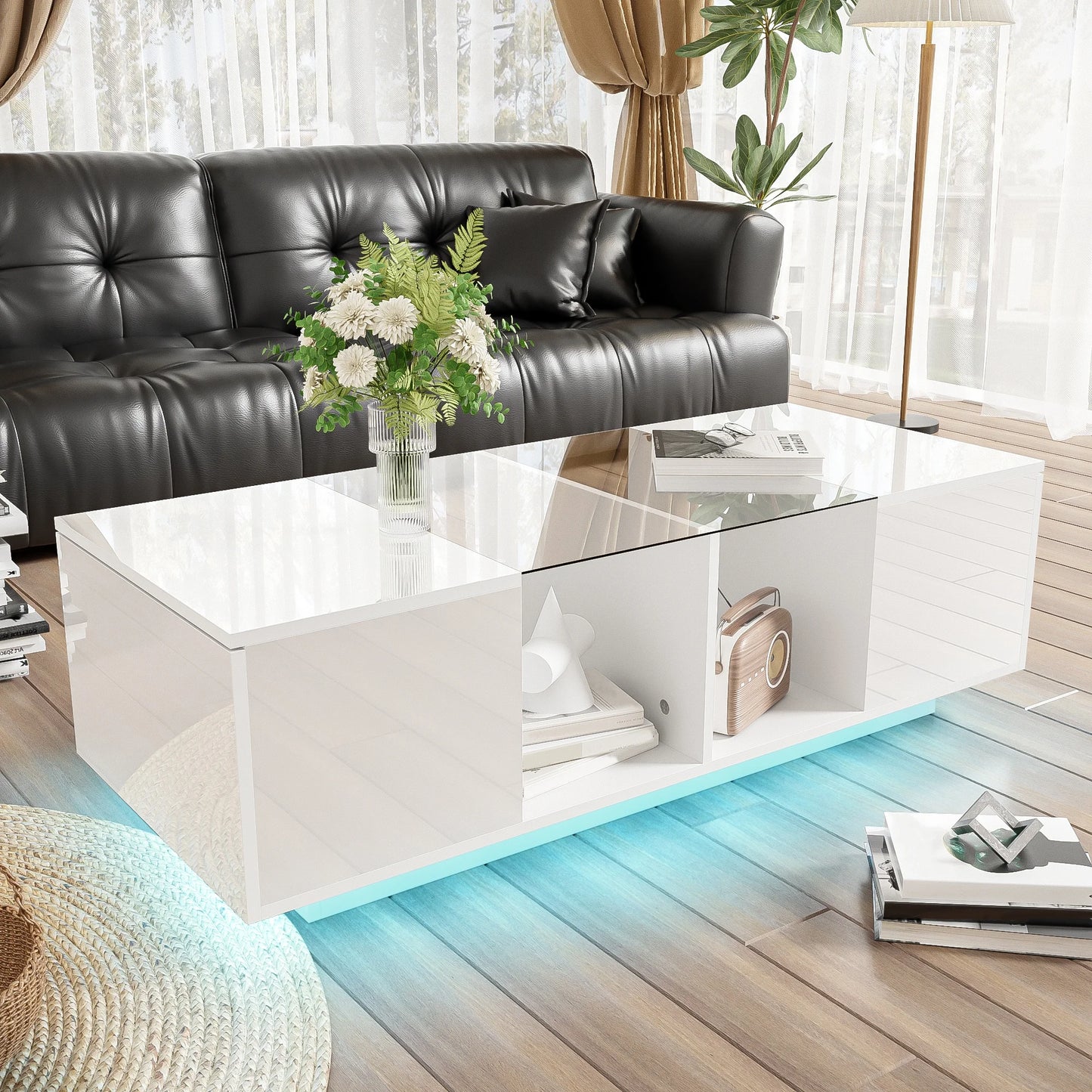 Rectangular coffee table,LED high-gloss side table for the bedroom, living room tables with storage for the living room, side table