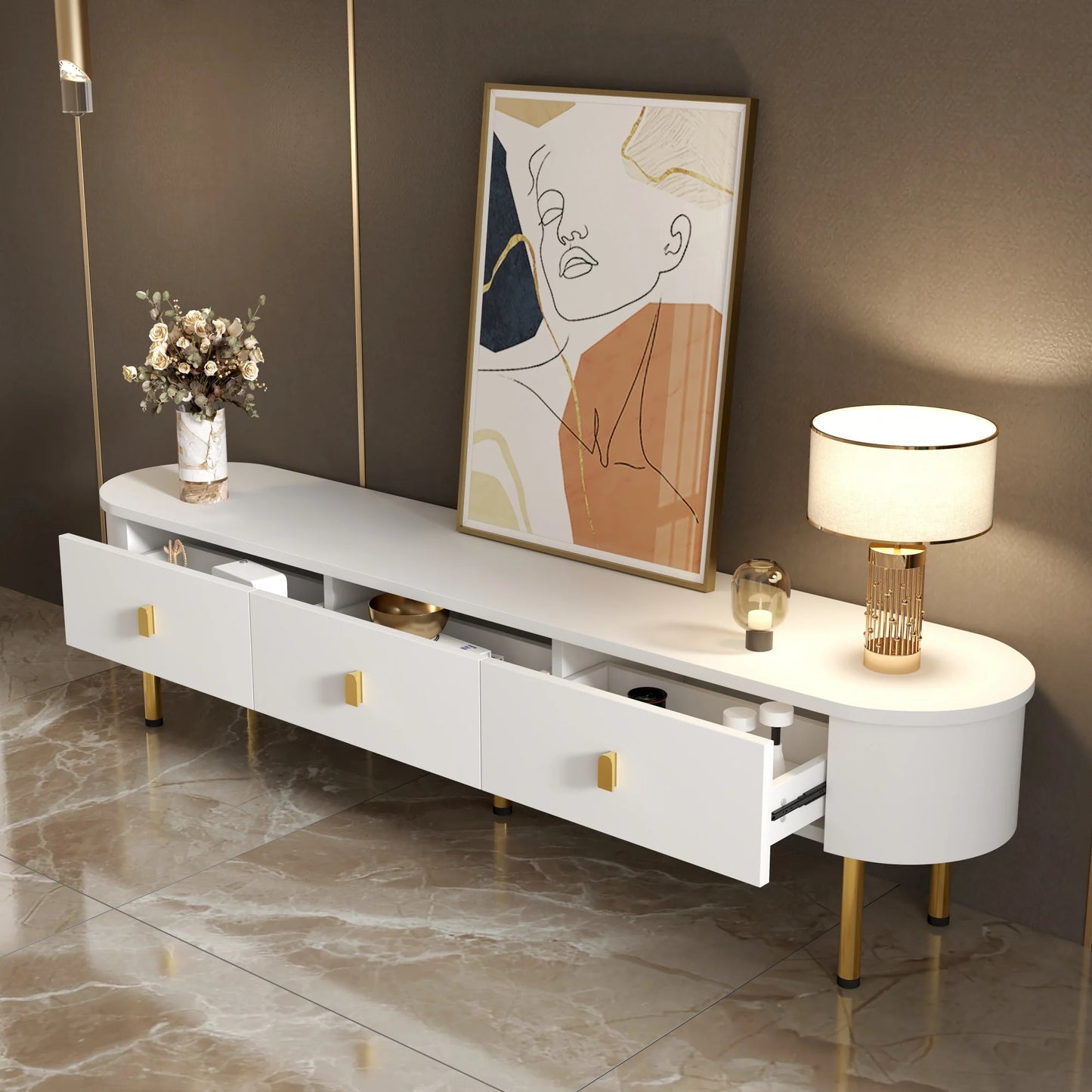 TV wardrobe TV lowboard with drawers, golden handles and legs, curved corners, 174*35*41 cm, living room tisch