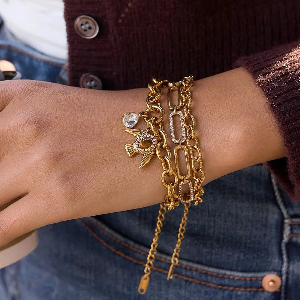 Vintage Tiger Eye Stone Bracelet For Women 18K Gold Plated Stainless Steel Anti-Fading