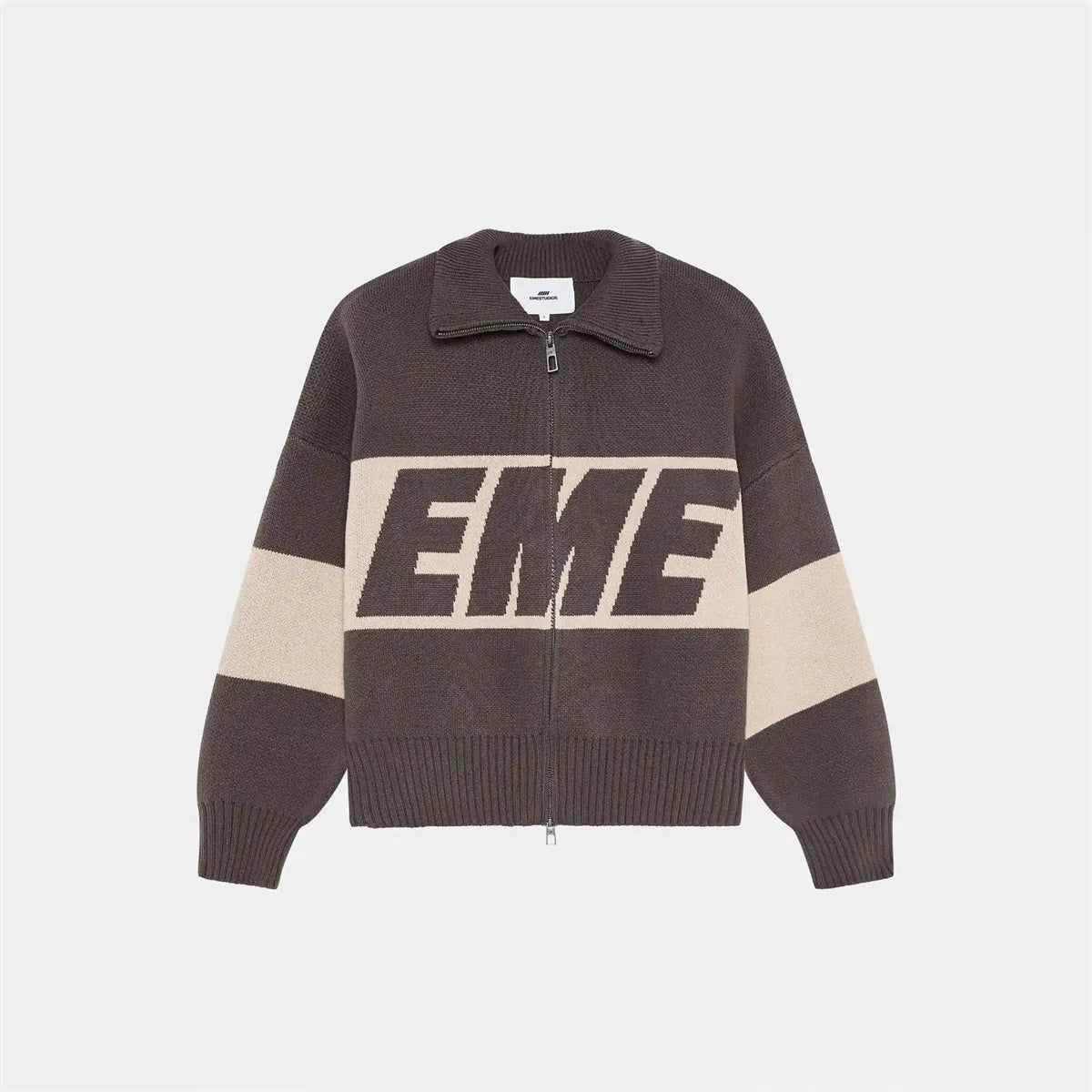 Retro Spliced Zipper Knitted Sweater Women Fashion Stand Collar Long Sleeve Loose Short Cardigan