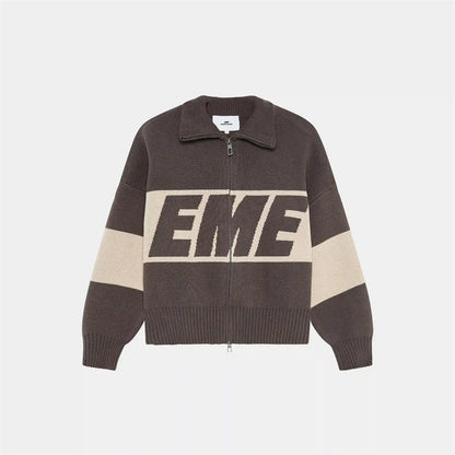 Retro Spliced Zipper Knitted Sweater Women Fashion Stand Collar Long Sleeve Loose Short Cardigan