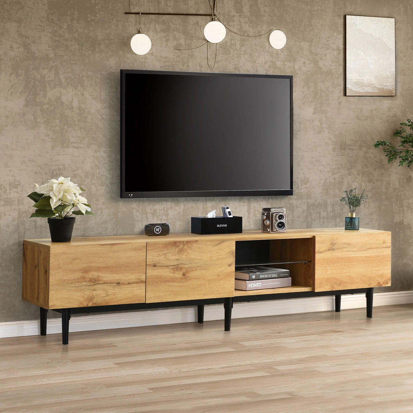 modern wardrobe with wood grain, 175x31x41 cm, with adjustable LED lights and storage space, stylish home decor, living room