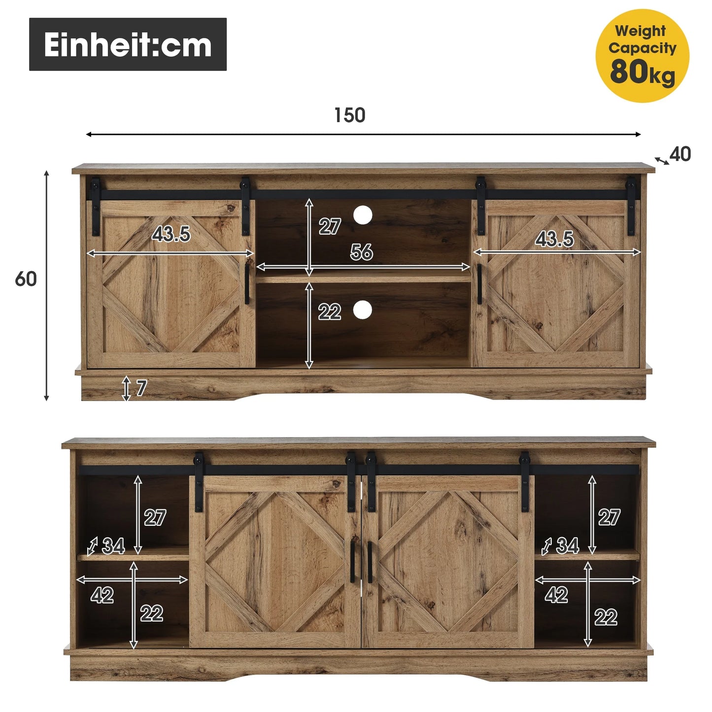 Large TV wardrobe with 2 classic sliding doors, adjustable shelves for living room and dining room,country-style modern design,150*40*60