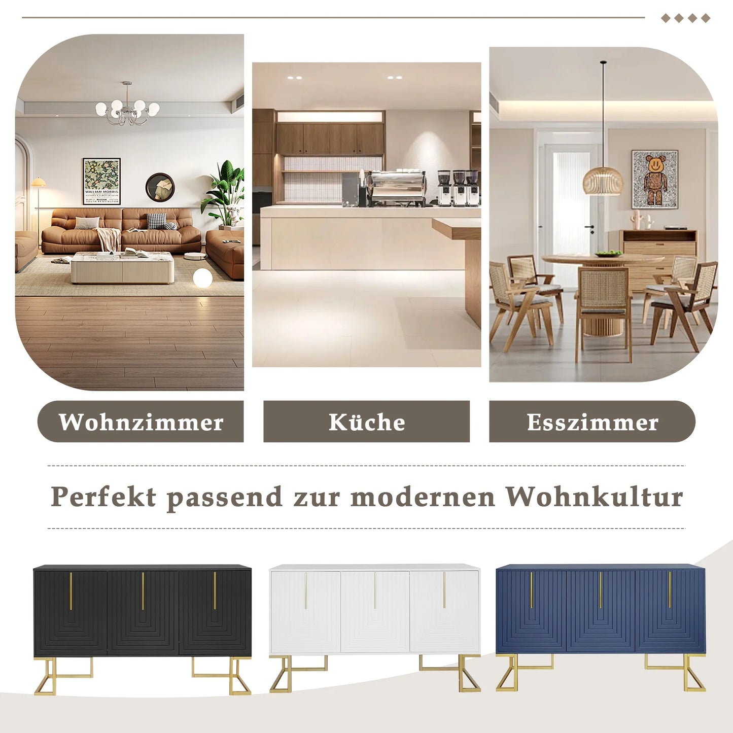chests of drawers Modern 3-door sideboard with adjustable shelves chest of drawers, navy blue black/white