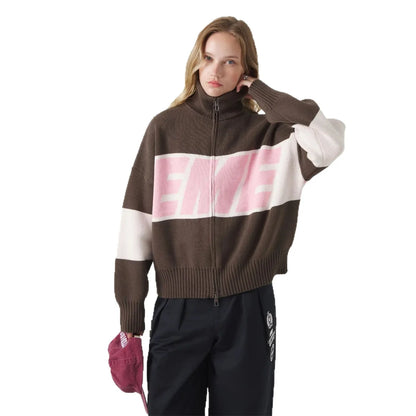 Retro Spliced Zipper Knitted Sweater Women Fashion Stand Collar Long Sleeve Loose Short Cardigan