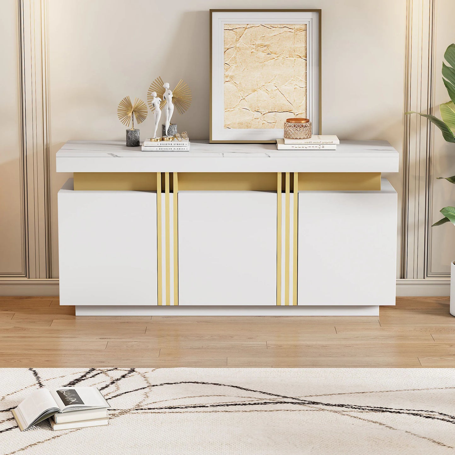 Handleless sideboard with 3 doors,dining room wardrobe with adjustable dividers,side wardrobe with platinum seams,for kitchen, living room,dining room,