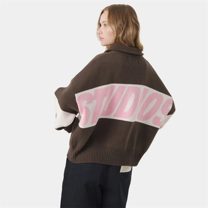 Retro Spliced Zipper Knitted Sweater Women Fashion Stand Collar Long Sleeve Loose Short Cardigan