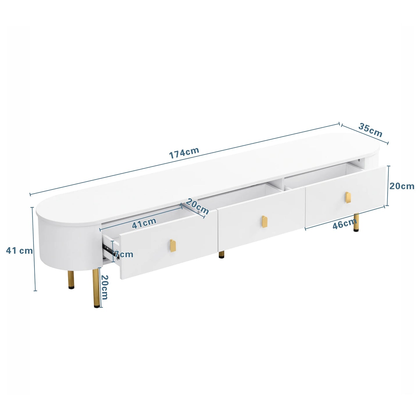 TV wardrobe TV lowboard with drawers, golden handles and legs, curved corners, 174*35*41 cm, living room tisch