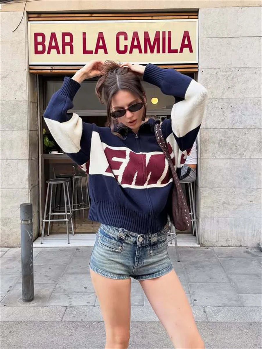 Retro Spliced Zipper Knitted Sweater Women Fashion Stand Collar Long Sleeve Loose Short Cardigan