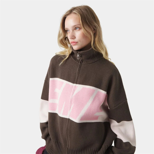 Retro Spliced Zipper Knitted Sweater Women Fashion Stand Collar Long Sleeve Loose Short Cardigan