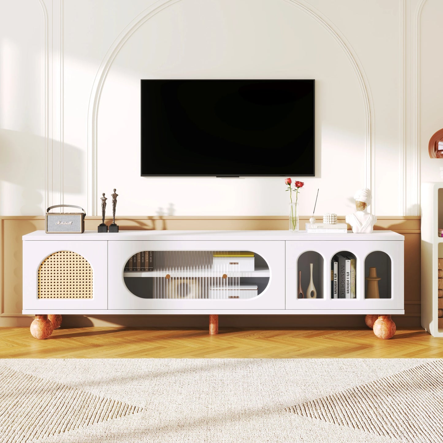 TV wardrobe TV lowboard with a glass sliding door (including three open arch areas), 170cm long, living room TV table wardrobes TV