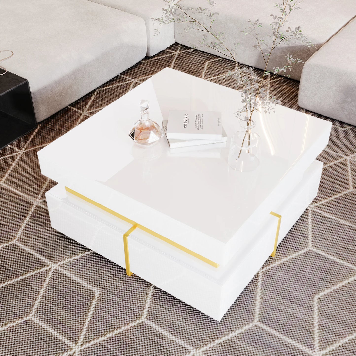 Coffee table, square, high-gloss side table for the bedroom, living room tables with storage for the living room, side table