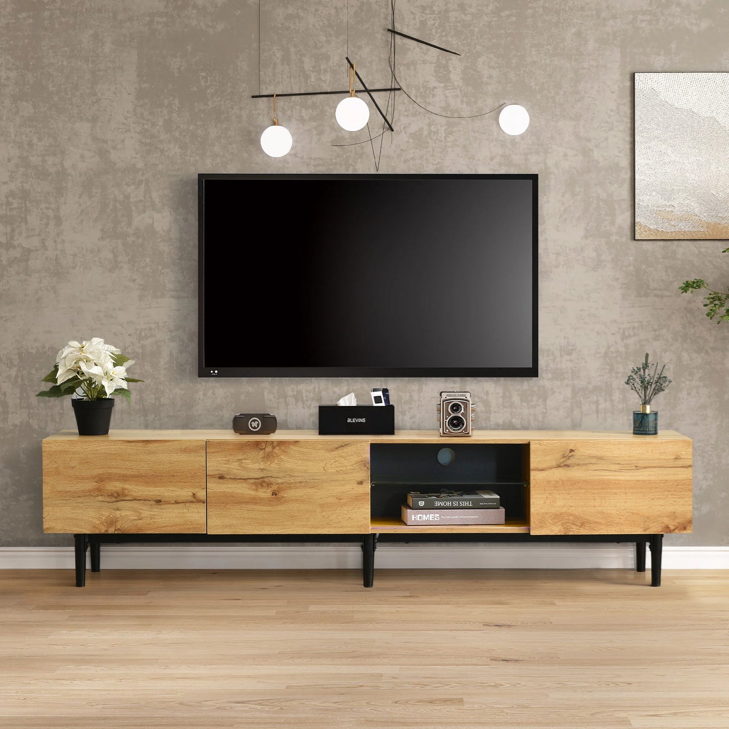 modern wardrobe with wood grain, 175x31x41 cm, with adjustable LED lights and storage space, stylish home decor, living room