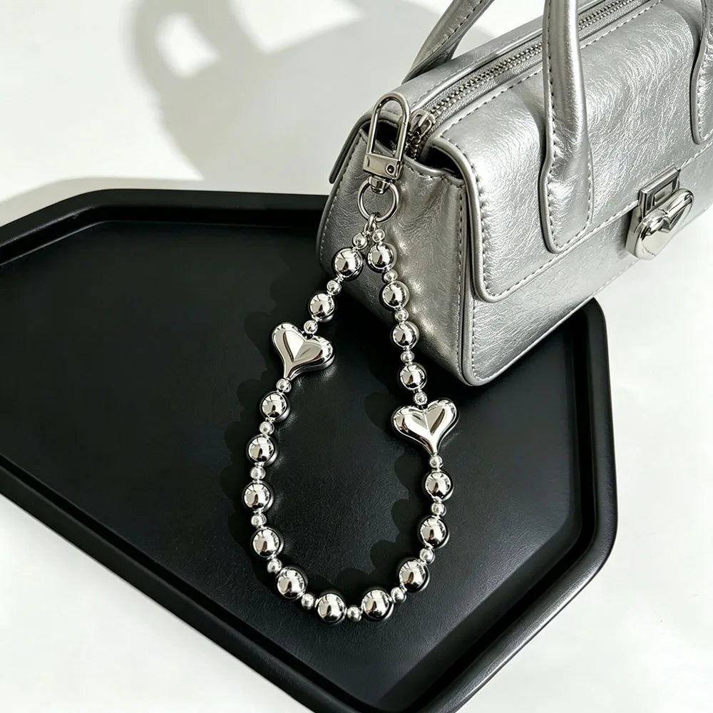 Trendy Silver Color Beaded Phone Hand Strap Premium Metal Look Short Wrist Lanyard Multi-Use Chain for Phone Case Keys & Bags