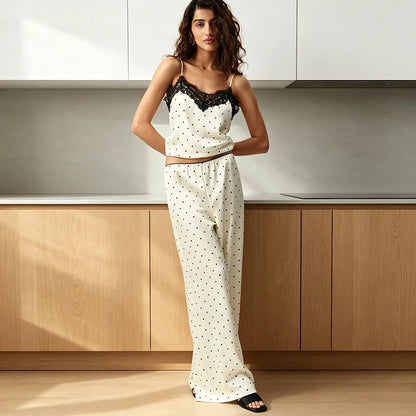 HiLoc Apricot Polka Dot Loose Woven Ladies' Pajamas Suits Black Lace Sleeveless Suspender Vest Elastic Waist Full Length Pants