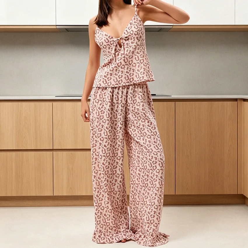 Pink Leopard Print Woven Inelastic Ladies' Pajamas Two-Piece V-Neck Lace-Up Top Ruffled Wide-Leg Pants Full Length Pants