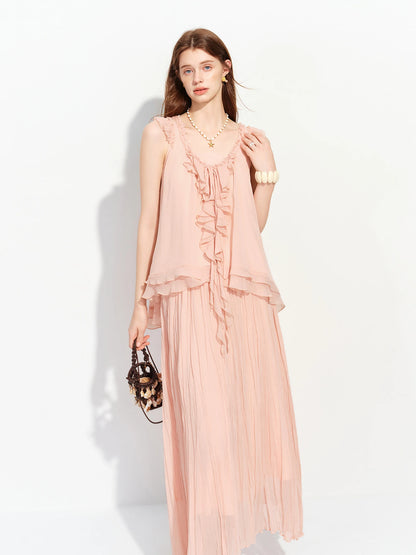Women's French-Inspired Romantic V-Neck Self-Tie Blouse Ruffle Trim & Matching Separate for Daily