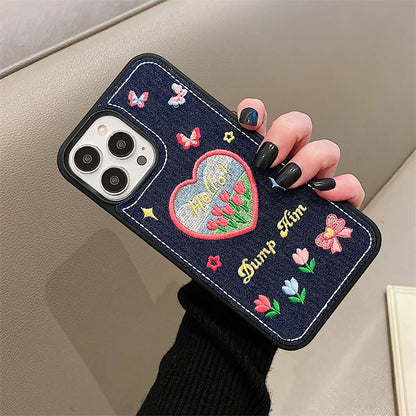 Cute Denim Fabric Embroidery Flower Winter Warm Phone Case For iPhone 15 14 13 12 11 16 Pro Max XS XR X Silicone Cover Protector