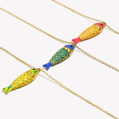 Colorful Lucky Enamel Fish Pendant Necklace Waterproof 316L Stainless Steel 18K Gold Plated Jewelry Accessories