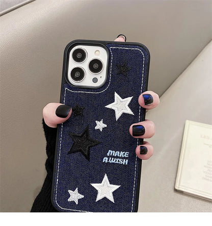 Cute Denim Fabric Embroidery Flower Winter Warm Phone Case For iPhone 15 14 13 12 11 16 Pro Max XS XR X Silicone Cover Protector