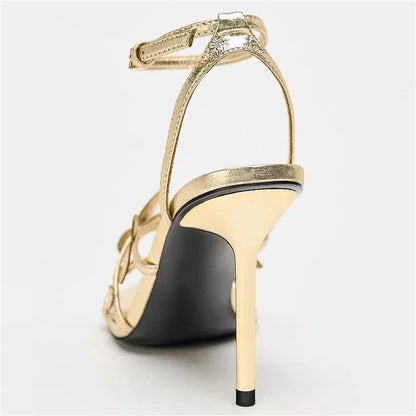 Brand Designer High Heels Women Gold Ankle Strap Fashion Sandals Female Open Toe Narrow