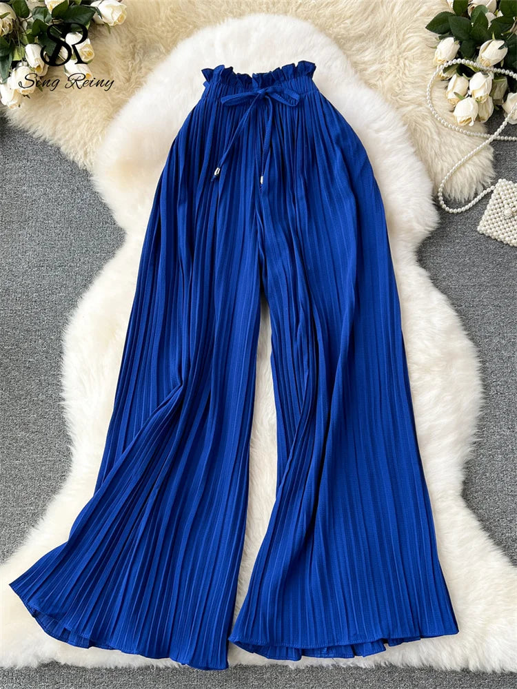 Basics Casual Pants Women Summer Oversize Draped Wide Legs Pants High Waist Solid Long Pleated Trousers