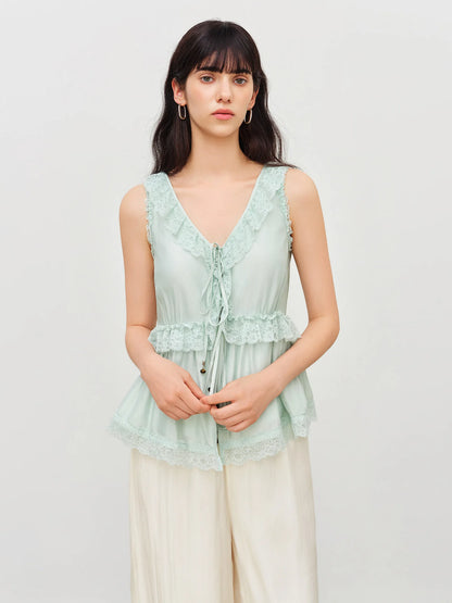 Women's 2026 Summer New Arrival Pearlescent Lace Sleeveless Blouse V-Neck Elegant Top V-neck Lace Decoration Shirts
