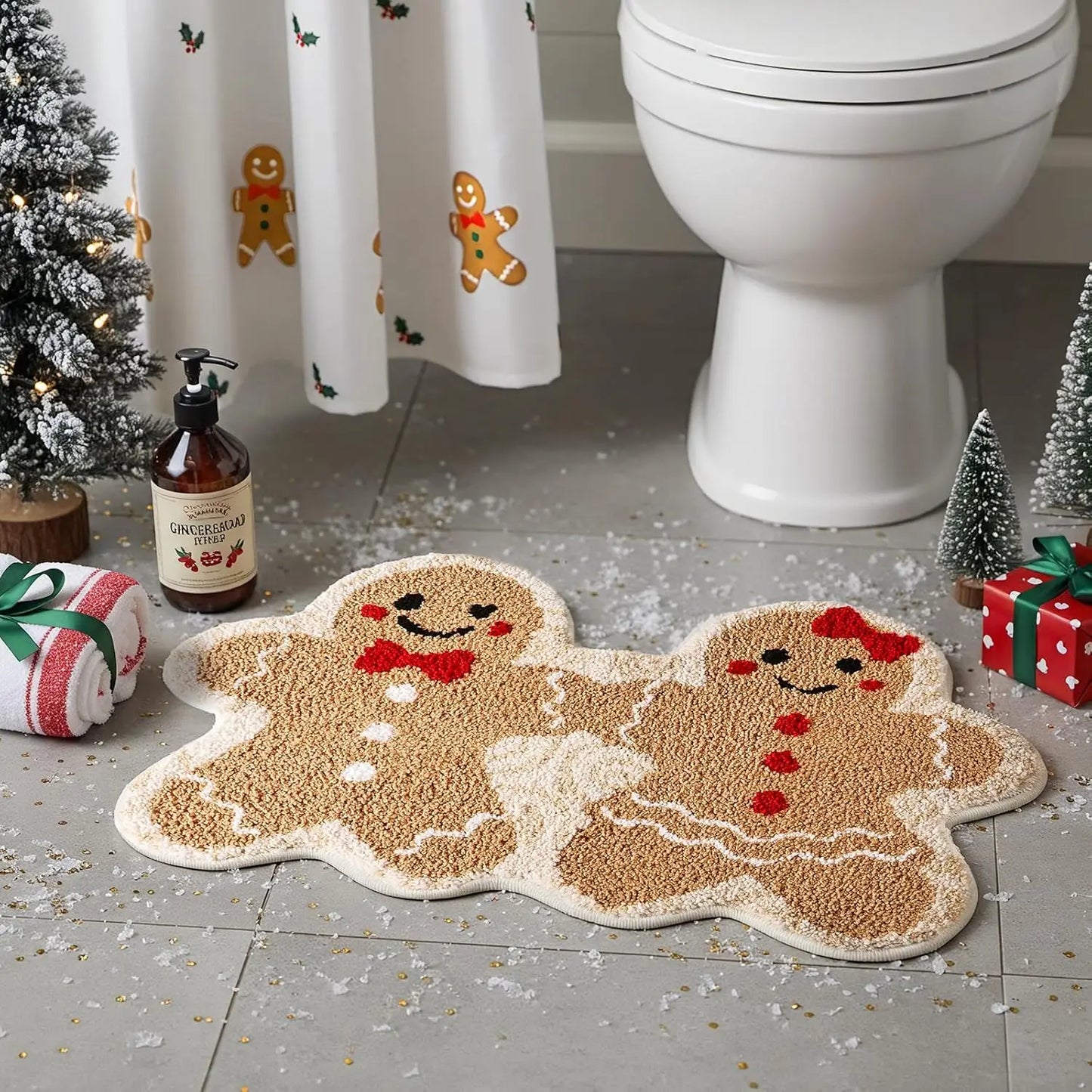 Christmas Gingerbread Man Floor Mat for Holiday Room Decoration Soft Bath Floor