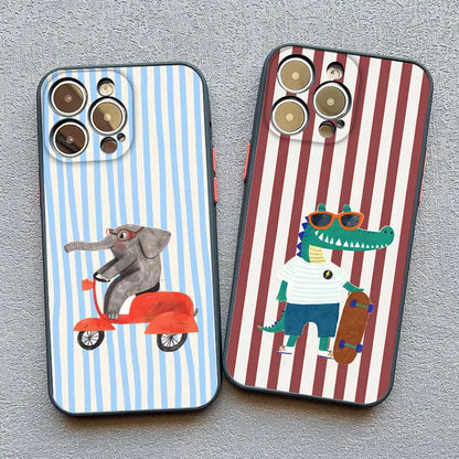 Simplicity Colour Vertical Stripes Cartoon Animals Phone Case for iPhone 16 15 14 Pro Max Plus 13 12 Mini 11 Pro Max XR X Covers