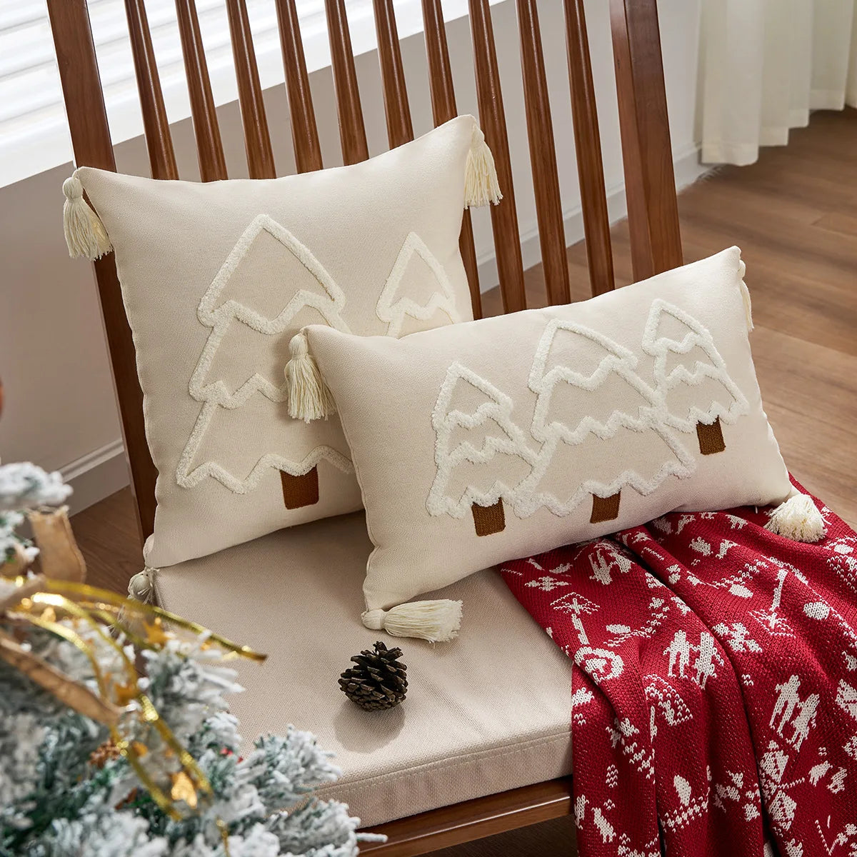 1PCS Christmas Tree Canvas Pillow Cover Embroidered Hanging Ear Decorative Sofa Cushion Case for Festive Home Decor