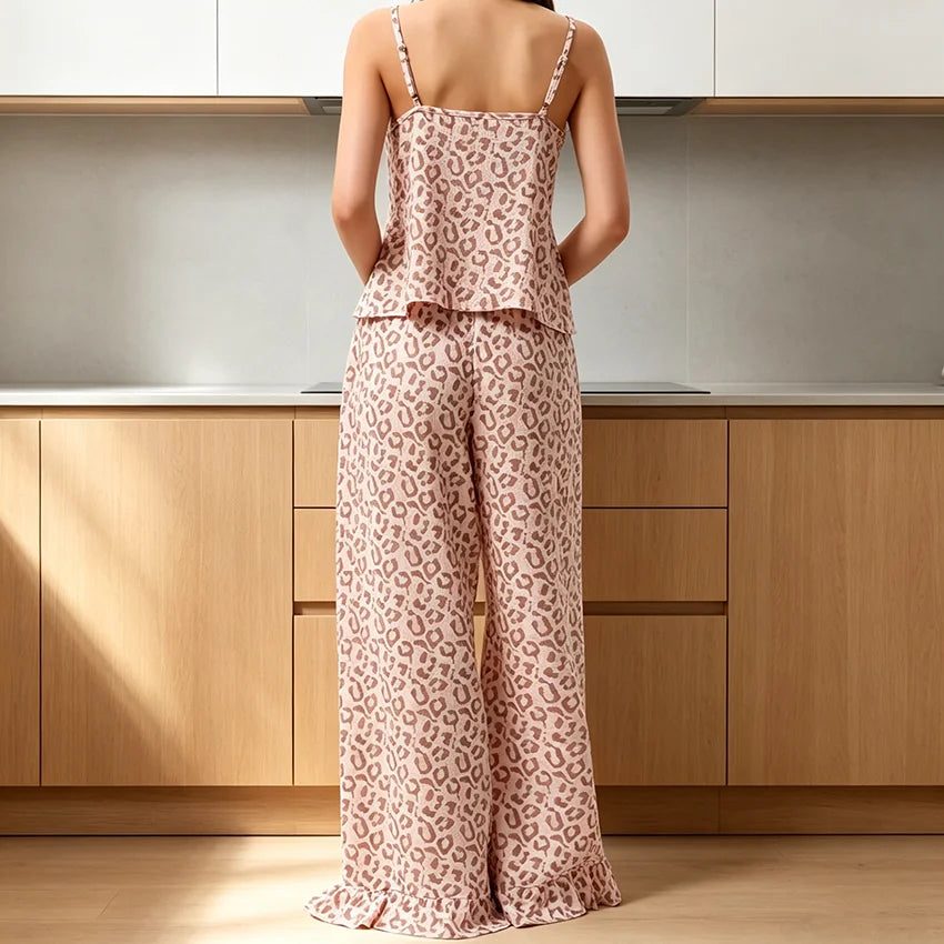 Pink Leopard Print Woven Inelastic Ladies' Pajamas Two-Piece V-Neck Lace-Up Top Ruffled Wide-Leg Pants Full Length Pants