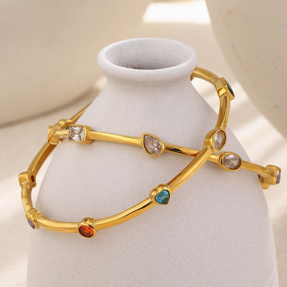 Colorful CZ Bracelet 18K Gold Stainless Steel Waterproof Bracelet Hypoallergenic Bohemian Bangle Women Jewelry