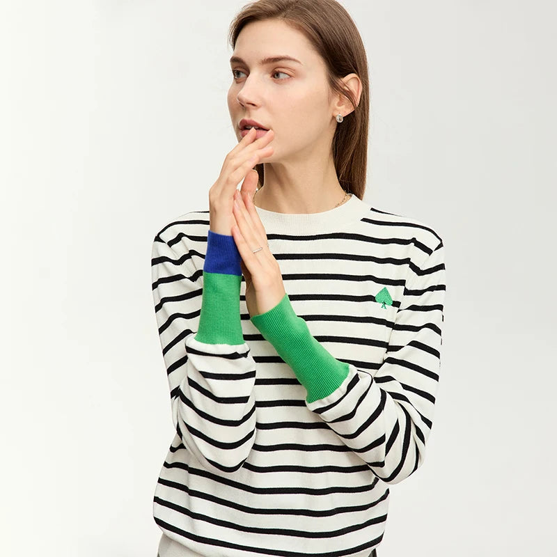 Striped Women's Sweater New Round Neck Asymmetrical