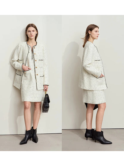 Women's Woolen Coat Elegant O-Neck Plaid Medium Long