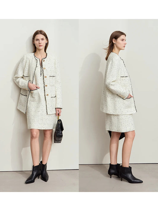 Women's Woolen Coat Elegant O-Neck Plaid Medium Long