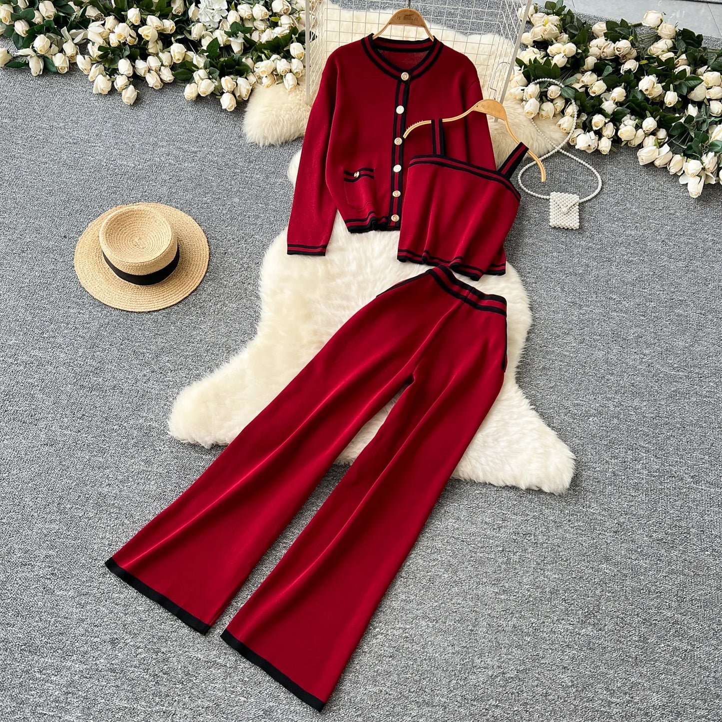 Women Three-Piece Sets Slim Single Breasted Coat Straps Camis Top High Waist Wide Leg Pants High Street Autumn Winter Clothing