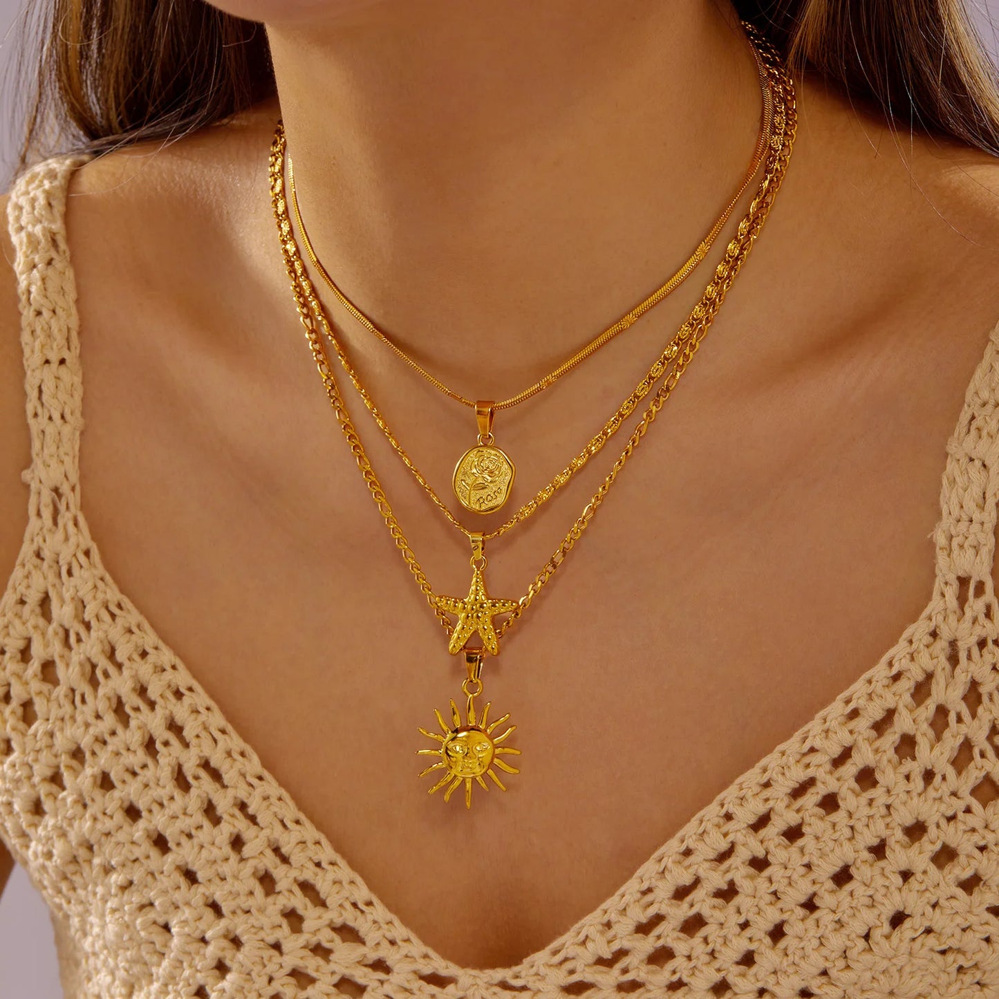Stainless Steel Sun Starfish Pendant Necklaces Set for Women 3pcs Bohemia Multi-layers Rose Necklaces Waterproof Jewelry