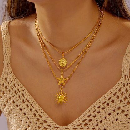 Stainless Steel Sun Starfish Pendant Necklaces Set for Women 3pcs Bohemia Multi-layers Rose Necklaces Waterproof Jewelry