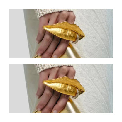 Exaggerated Personality Metal Golden Plated Lips Shaped Adjustable Ring For Women