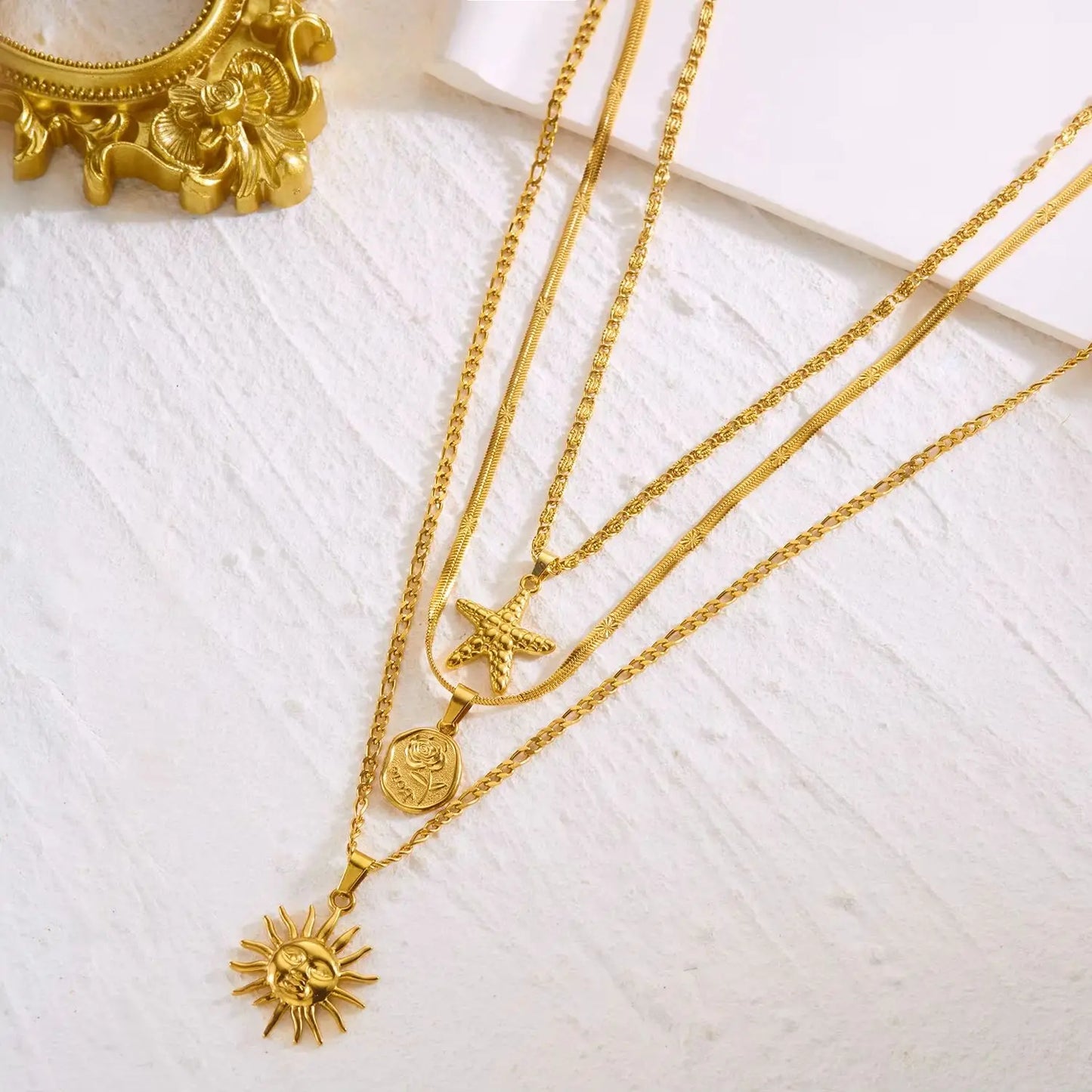 Stainless Steel Sun Starfish Pendant Necklaces Set for Women 3pcs Bohemia Multi-layers Rose Necklaces Waterproof Jewelry