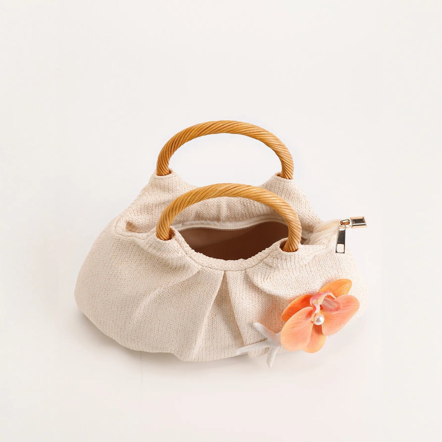New straw handbag women's summer niche design bamboo bag high-end flower decoration