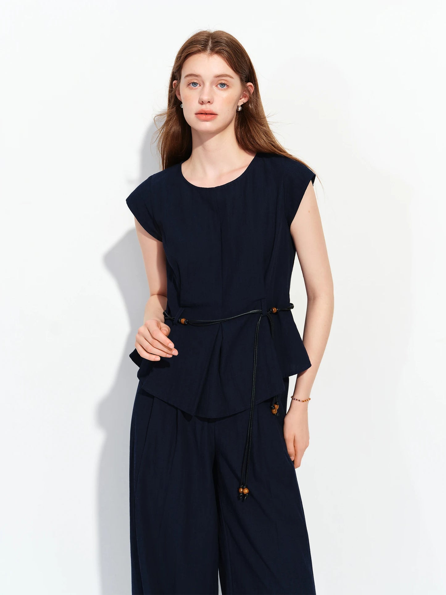 Women's Round Neck Waist-Defining Top & Wide Leg Pants Two-Piece Set - Refined Style for Daily and Office Wear