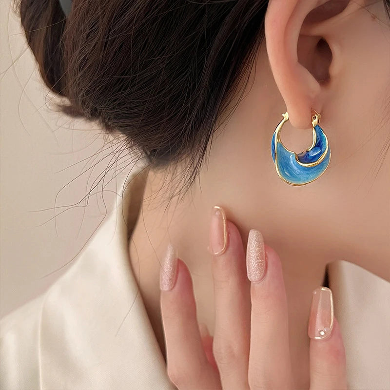 Elegant Metal Blue Clip On Twisted Hoop Earrings For Women