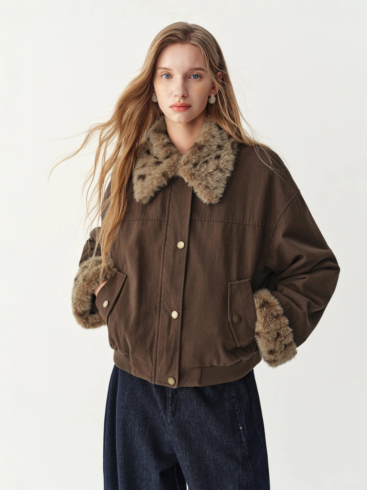 Winter Women Detachable Faux Fur Collar Short Utility Jacket