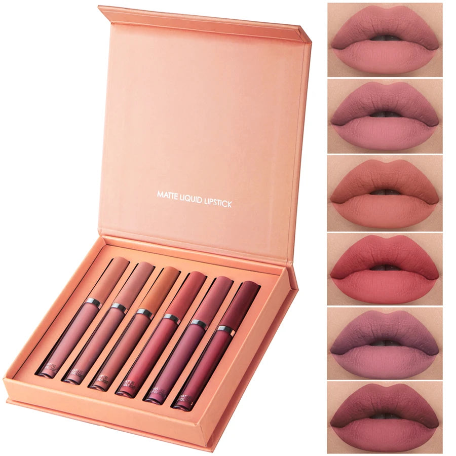 Confezione regalo per le feste 6 pezzi/set Lucidalabbra opaco e vellutato Rossetto liquido idratante e a lunga tenuta impermeabile