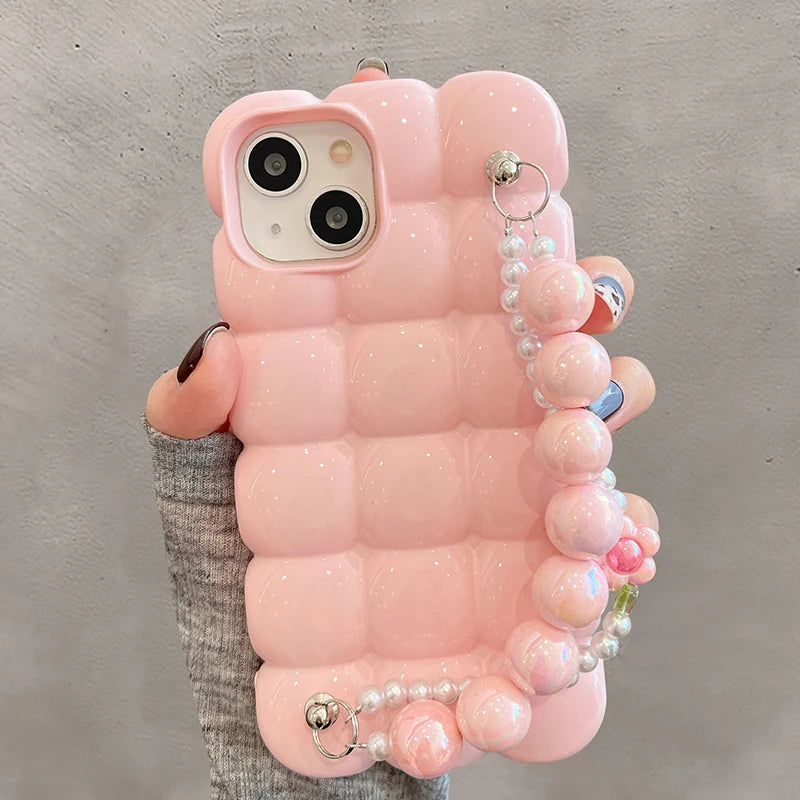 Luxury Pearl Bracelet  3D Ice Lattice Case For iPhone 13 Pro Max 16 15 14 11 12 Phone Back Cover