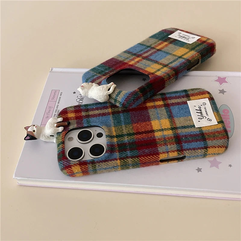 Fashion Warm Plush Plaid Grid Pattern 3D Cat Case For iPhone 16 15 14 13 12 Pro Max Creative Bumper Back Cover