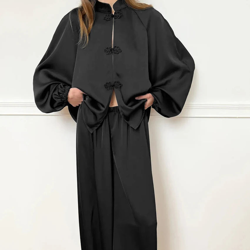 Casual Loose Woven Inelastic Pajamas 2 Piece Suit Long Sleeves Medium Collar Single-Breasted Top Full Length Pants